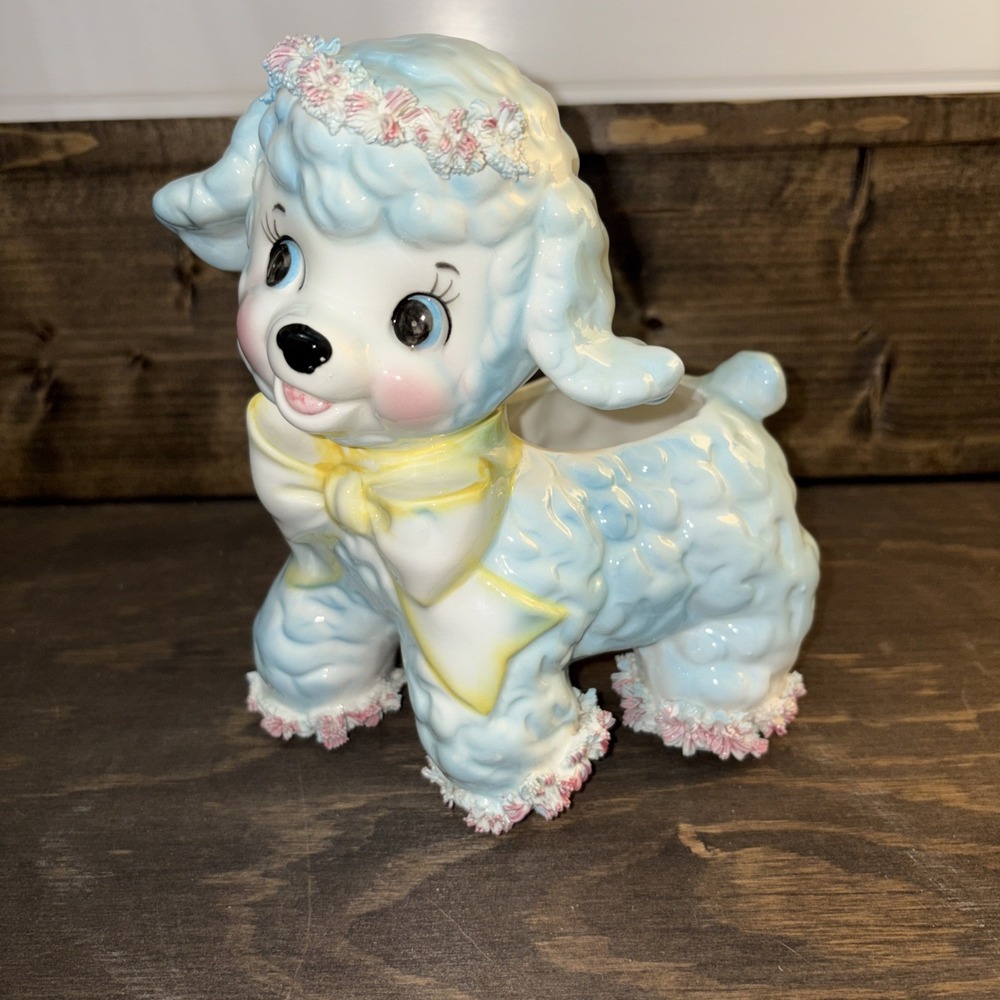 Lamb Sheep Planter Samson Import 1961 VTG Blue Pink Yellow Bow Baby 7" #4318